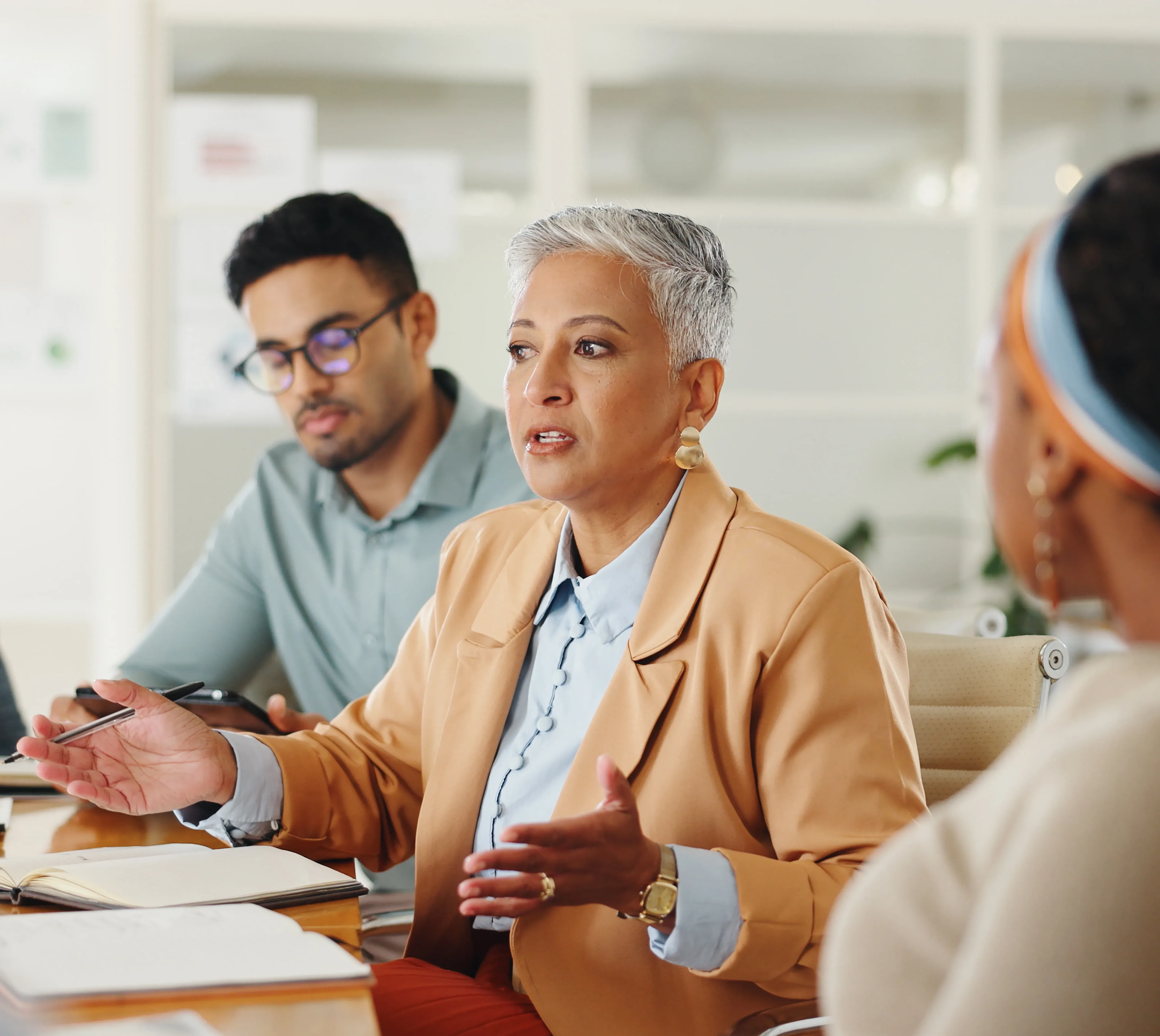 A diverse group of professionals participates in a collaborative meeting, with a senior woman speaking and gesturing while colleagues listen and take notes around a conference table, representing leadership, discussion, and teamwork at Alimentiv